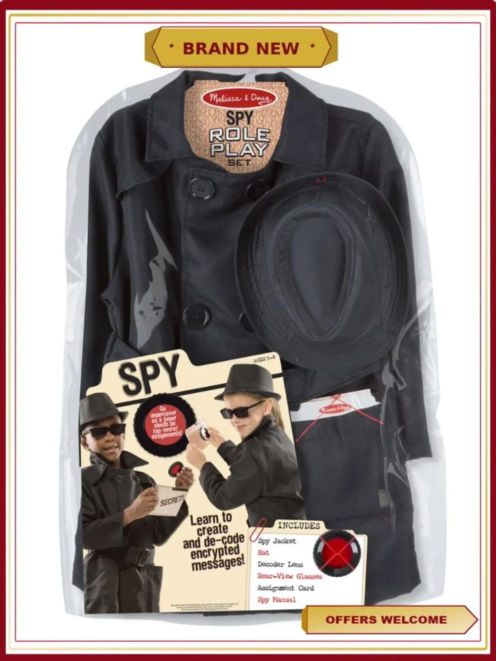 Spy Costume Role Play Set Trench Coat Fedora Hat Decoder Lens Ages 5-8